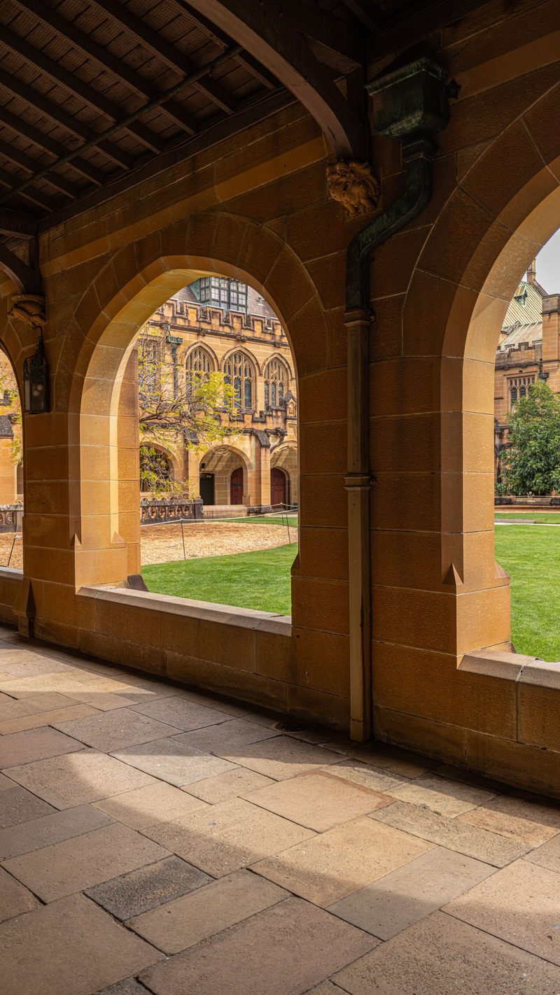 A sandstone archway opening onto a university quadrangle, rendered in a jacaranda duotone.